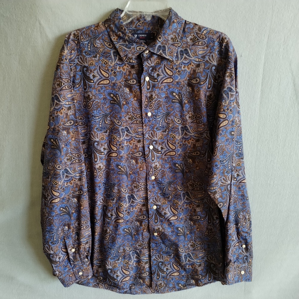 Cremieux Classics Mens XL Button Front Shirt Paisley Blue Tan Long Sleeve Cotton